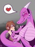  3:4 anthro big_breasts blue_eyes blush breasts brown_hair captured claws domination dragon duo female female_domination hair horn human larger_female male male/female mammal mountaincat purple_body purple_eyes scales simple_background size_difference smaller_male smile 