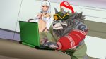  16:9 3d_(artwork) abs altera_(fate) anthro canid canine canis clothed clothing computer digital_media_(artwork) duo fate_(series) female fur human humor laptop male malicekira mammal meme muscular muscular_anthro muscular_male shocked temujin tokyo_afterschool_summoners video_games white_body white_fur widescreen wolf 