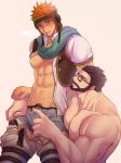  2boys abs bara beard belt blush body_hair bulge chest chillasan facial_hair glasses gyee highres male_focus male_underwear manly multiple_boys muscle nipples pants pectorals size_difference thighs turing_(gyee) underwear undressing_another upper_body vundo_(gyee) yaoi 