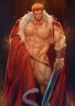  1boy abs bara beard cape chest facial_hair fate/grand_order fate/zero fate_(series) highres iskandar_(fate) lander_(randa) male_focus muscle naked_cape nipples pectorals penis penis_peek red_eyes red_hair shirtless short_hair solo sword testicles thick_thighs thighs weapon 