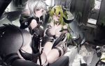  3girls arknights ass bangs bare_shoulders black_choker black_panties breasts choker commentary_request couch covering covering_breasts crocodilian_tail elbow_gloves estelle_(arknights) eyebrows_visible_through_hair gavial_(arknights) gloves green_hair grey_eyes grey_gloves hand_up horns index_finger_raised indoors large_breasts large_tail long_sleeves looking_at_viewer multiple_girls panties pointy_ears qiongniaofeiyu seiza short_hair silver_hair sitting skindentation smile standing tail thigh_strap thighs tomimi_(arknights) underwear 