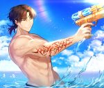  1boy abs chest cloud cloudy_sky day fate/grand_order fate/stay_night fate_(series) gun highres holding kotomine_kirei male_focus muscle one_eye_closed pectorals rijjin shirtless short_hair sky smile solo swimsuit toy_gun water water_gun weapon wet 