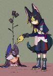  2boys animal_ears black_footwear black_gloves black_hoodie black_pants black_undershirt boots cyno_(genshin_impact) fox_ears fox_tail full_body genius_invokation_tcg genshin_impact gloves green_eyes green_hair grey_background highres holding holding_watering_can hood hood_down hoodie long_hair multicolored_hair multiple_boys nploser pants purple_sash red_eyes sash short_sleeves simple_background streaked_hair tail through_ground tighnari_(genshin_impact) tree tunic watering watering_can white_hair white_tunic 