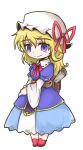  absurdres alternate_costume backpack bag blonde_hair denciu hat hat_ribbon highres jewelry light_blue_dress maribel_hearn mob_cap necklace red_footwear ribbon scroll touhou white_sleeves 