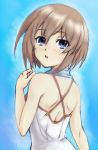  1girl bare_back bare_shoulders blanc blue_background blue_eyes blush brown_hair commentary_request dress eyebrows_visible_through_hair from_behind hair_between_eyes highres kow_seven looking_at_viewer looking_back neptune_(series) no_hat no_headwear open_mouth short_hair solo spaghetti_strap upper_body white_dress 