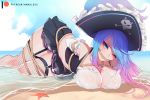  1girl arms_behind_back artist_name bare_shoulders bdsm beach black_skirt blue_eyes blue_hair blush bound breasts cleavage commentary covered_nipples day detached_sleeves fishnet_legwear fishnets foot_out_of_frame frilled_hat frills gag hat horizon indie_virtual_youtuber large_breasts long_hair looking_at_viewer lying midriff miniskirt nanoless ocean on_side one_eye_closed outdoors patreon_logo pirate pirate_hat pleated_skirt restrained sand silvervale skirt skull_print solo starfish thighhighs thighs water 
