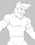  abs anthro biceps bottomless clothed clothing dissimulated ear_piercing eye_scar eyebrows genitals grey_background grin hair hyaenid looking_at_viewer male mammal monochrome penis penis_base piercing scar shirt simple_background skimpy smile solo t-shirt topwear trystan_(dissimulated) 