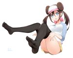  1girl absurdres bangs black_legwear blue_eyes blush bow breasts brown_hair commentary_request double_bun full_body guxu hair_between_eyes highres long_hair mei_(pokemon) no_shoes open_mouth pantyhose pantyhose_pull pink_bow pokemon pokemon_(game) pokemon_bw2 shirt sidelocks skirt soles solo teeth twintails upper_teeth very_long_hair visor_cap white_background yellow_skirt 