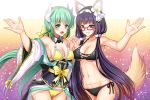  2girls :d animal_ears bare_shoulders bikini black_bikini bow breasts cameltoe collarbone commentary_request corset dragon_girl dragon_horns fate/grand_order fate_(series) flower fox_ears fox_girl fox_tail glasses hair_flower hair_ornament hair_ribbon holding_hands horns kiyohime_(fate/grand_order) kiyohime_(swimsuit_lancer)_(fate) lady_foxy large_breasts looking_at_viewer low_twintails medium_breasts multiple_girls open_mouth osakabe-hime_(fate/grand_order) red-framed_eyewear ribbon side-tie_bikini smile sparkle swimsuit tail twintails white_ribbon yellow_bikini yellow_bow yellow_ribbon youshuu 