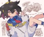  &gt;_&lt; 1boy 1girl anger_vein black_hair blue_shirt blue_socks blush brother_and_sister carmine_(pokemon) chibi closed_eyes closed_mouth collared_shirt commentary_request crossed_bangs gloves hair_between_eyes hairband heart jacket kieran_(pokemon) long_sleeves looking_at_viewer male_focus mnmn0406 mole mole_on_neck multicolored_hair multiple_views open_mouth partially_fingerless_gloves pokemon pokemon_sv purple_hair red_gloves romaji_text shirt shorts siblings simple_background single_glove socks sparkle yellow_eyes yellow_hairband 
