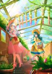  2girls :d animal aqua_hair artist_name bare_shoulders basket blue_eyes blue_ribbon bow brown_gloves bug butterfly carrying collarbone commentary day dress eirika_(fire_emblem) english_commentary fire_emblem fire_emblem:_radiant_dawn fire_emblem:_the_sacred_stones flower garden gardening gloves greenhouse grey_hair hair_bow hat high_heels highres holding holding_scissors insect july kaze-hime lens_flare light_rays long_hair micaiah_(fire_emblem) multiple_girls off-shoulder_dress off_shoulder open_mouth pink_dress pink_footwear plant potted_plant red_bow ribbon scissors short_sleeves sidelocks slippers smile sun_hat white_gloves yellow_dress yellow_eyes 