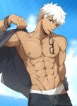  1boy abs absurdres alternate_costume archer bara bracelet brown_eyes chest dark_skin dark_skinned_male fate/stay_night fate_(series) glasses highres jewelry kuroshinki male_focus muscle nipples pectorals short_hair solo summer_casual_(fate/grand_order) underwear_peek white_hair 