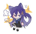  1girl anger_vein animal_ears black_dress blue_bow blue_bowtie bow bowtie cat_ears cat_girl cat_tail chibi chibi_only chinese_commentary closed_mouth collared_shirt commentary_request dress full_body hair_ribbon highres izumi_shiho koa0427 long_hair pinafore_dress puff_of_air purple_eyes purple_hair ribbon sasayaku_you_ni_koi_wo_utau shirt simple_background sleeveless sleeveless_dress solo star_(symbol) tail thighhighs white_background white_shirt white_thighhighs yellow_ribbon 