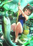  1girl :o abo_(kawatasyunnnosukesabu) animal animal_ears barefoot basket between_legs black_cat black_hair blue_nails blue_swimsuit braid cat cat_ears commentary_request day dutch_angle fake_animal_ears fish fishing fishing_rod frog green_eyes highres holding holding_fishing_rod long_hair nail_polish one-piece_swimsuit original outdoors river school_swimsuit sidelocks sitting sitting_on_rock solo swimsuit toenail_polish tree twin_braids 