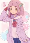  1girl blunt_bangs blush brown_eyes cardigan commentary_request gloves hair_ornament heart jigglypuff lacey_(pokemon) long_sleeves looking_at_viewer medium_hair mnmn0406 open_cardigan open_clothes pink_cardigan pink_hair pokemon pokemon_(creature) pokemon_sv shirt simple_background single_glove sleeves_past_wrists smile 