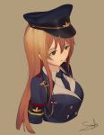  1girl artist_name blonde_hair blue_headwear blue_jacket blue_neckwear breasts brown_background eyebrows_visible_through_hair girls_frontline green_eyes hat highres jacket long_hair looking_away medium_breasts military military_hat military_jacket military_uniform necktie shirt solo_focus sotomie stg44_(girls_frontline) uniform white_shirt 