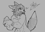  anthro breasts canid canine claws dialogue dialogue_box fangs female fluffy fluffy_tail fur hair hijackerdraws_(artist) mammal monochrome newspaper open_mouth simple_background solo 