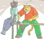  2005 anthro biped bottomwear canid canine canis clothing domestic_dog duo felid gombee humanoid_hands kemono low_res male mammal pantherine pants shirt sitting tiger topwear 