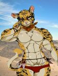  2020 aliasing anthro black_spots bracelet brown_eyes bulge cheetah claws clothing felid feline fur half-length_portrait hi_res jewelry kerchief looking_at_viewer male mammal muscular muscular_anthro muscular_male photo_background portrait scar solo spots underwear whiskers yellow_body yellow_fur yuureidooru 