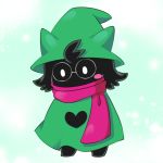  1:1 2018 ambiguous_gender anthro biped black_body black_fur blush bovid clothing deltarune dot_eyes eyewear fur glasses green_clothing green_hat green_headwear hat headgear headwear kotaro_kurokawa mammal pink_scarf ralsei scarf simple_background solo standing video_games white_eyes 