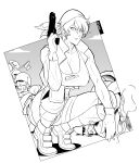  1girl 4boys absurdres artist_name bandage_on_cheek bandage_on_leg bandages bandana blood blood_on_face boots breasts cigarette cleavage combat_boots covered_nipples flag gloves gun handgun helmet highres holding holding_cigarette holding_gun holding_weapon ill_kato jacket kasamoto_eri knee_pads large_breasts light_smile looking_at_viewer metal_slug military_vehicle monochrome motor_vehicle multiple_boys muscular muscular_female rebel_army_(metal_slug) rebel_soldier_(metal_slug) short_hair short_shorts shorts sleeveless sleeveless_jacket smoking socks squatting tank weapon 