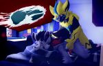  absurd_res anthro bandanna bed bite bodily_fluids cum cum_inside cum_on_bed dim_lighting doritomon duo furniture genital_fluids genitals hi_res kerchief legendary_pok&eacute;mon male male/male mightyena nintendo penis pillow pillow_bite pok&eacute;mon pok&eacute;mon_(species) sirius_(siriusgrey) video_games wallpaper zeraora 