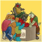  1:1 2007 anthro apple apron blue_body blue_fur border bottomwear brown_body brown_fur canid canine canis clothing domestic_dog eating equid equine feral food fruit fur group himachi horse kemono male mammal overweight pants plant shirt simple_background topwear ursid yellow_border 