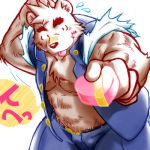  1:1 2007 anthro belly blush bottomwear brown_body brown_fur clothed clothing fur japanese_text kemono kome_(artist) low_res male mammal open_clothing open_shirt open_topwear overweight overweight_anthro overweight_male pants shirt solo text topwear ursid 