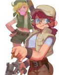  2girls bandage_on_face bandages bandana baseball_cap blonde_hair blue_eyes bullet chewing_gum crop_top english_commentary fio_germi fl_(l-fl) glasses green_bandana green_shorts gun hand_on_own_hip handgun hat holding holding_gun holding_weapon kasamoto_eri metal_slug midriff multiple_girls revolver round_eyewear shorts shotgun simple_background weapon white_background 