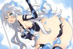  1girl bare_shoulders black_heart blue_eyes blush bodysuit breasts cleavage elbow_gloves eyebrows_visible_through_hair gloves iwasi-r long_hair looking_at_viewer medium_breasts neptune_(series) open_mouth solo symbol-shaped_pupils torn_bodysuit torn_clothes very_long_hair weapon white_hair 