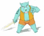  2007 anthro blue_body blue_fur bottomwear canid canine canis clothing domestic_dog fur humanoid_hands kemono kinoshita-jiroh male mammal melee_weapon shirt shorts simple_background solo sword tongue tongue_out topwear weapon white_background 