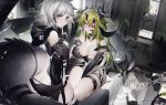  3girls absurdres arknights ass bangs bare_shoulders black_choker black_panties breasts choker commentary_request couch covering covering_breasts crocodilian_tail elbow_gloves estelle_(arknights) eyebrows_visible_through_hair gavial_(arknights) gloves green_hair grey_eyes grey_gloves hand_up highres horns huge_filesize index_finger_raised indoors large_breasts large_tail long_sleeves looking_at_viewer multiple_girls panties pointy_ears qiongniaofeiyu seiza short_hair silver_hair sitting skindentation smile standing tail thigh_strap thighs tomimi_(arknights) underwear 