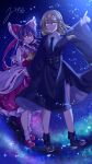  2girls absurdres alternate_costume ascot blonde_hair blue_bow blush bobby_socks bow braid closed_mouth collared_shirt commentary_request detached_sleeves frilled_bow frilled_hair_tubes frills galaxy hair_bow hair_tubes hakurei_reimu highres holding_hands jacket kirisame_marisa long_hair long_sleeves mary_janes mito_(fate) multiple_girls necktie night night_sky no_headwear open_mouth pointing red_bow red_eyes red_footwear red_skirt ribbon-trimmed_sleeves ribbon_trim shirt shoes side_braid signature single_braid skirt skirt_set sky smile socks star_(sky) tanabata touhou white_shirt white_socks wide_sleeves yellow_ascot yellow_eyes 