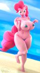  3d_(artwork) 4k 9:16 absurd_res anthro beach big_breasts bikini breasts clothing digital_media_(artwork) equid equine female friendship_is_magic hasbro hi_res mammal my_little_pony pinkie_pie_(mlp) seaside side-tie_bikini solo swimwear whiteskyline wide_hips 