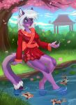  2020 4_toes 5_fingers anthro clothed clothing digital_media_(artwork) female fingers fish fur green_eyes group hair hi_res ketty marine partially_submerged purple_body purple_fur smile toes white_hair 