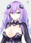  1girl absurdres bimmy blue_eyes braid breasts cleavage cleavage_cutout hair_between_eyes headgear highres large_breasts leotard long_hair looking_at_viewer medium_breasts neptune_(series) power_symbol purple_hair purple_heart smile solo symbol-shaped_pupils twin_braids twintails upper_body very_long_hair 