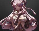  1girl asymmetrical_gloves black_gloves blue_eyes braid breasts draph elbow_gloves gloves granblue_fantasy hair_ornament hair_over_one_eye highres horns large_breasts lavender_hair long_hair low_tied_hair narmaya_(granblue_fantasy) pixelationer pointy_ears single_braid sleeveless solo upper_body 