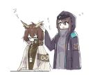  2girls animal_ears arknights bangs brown_hair eyebrows_visible_through_hair female_doctor_(arknights) glasses hair_between_eyes hooded_coat horns jacket long_hair long_sleeves multiple_girls nejikyuu owl_ears petting rhine_lab_logo short_hair silence_(arknights) simple_background sleeping sleeping_upright zzz 