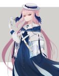  1girl arknights bag blue_dress brown_eyes ceylon_(arknights) dress eyebrows_visible_through_hair gloves grey_background hair_bun hair_wings hat holding holding_bag jacket long_hair looking_at_viewer pink_hair solo sotomie white_gloves white_headwear 