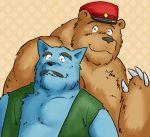  2004 anthro blue_body blue_fur brown_body brown_fur canid canine canis clothing domestic_dog duo eyes_closed fur hat headgear headwear male mammal overweight overweight_male ursid ushimaru 