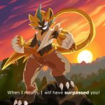  1:1 absurd_res anthro bandage bottomwear cargo_pants clothing dialogue english_text excited fighting_pose forest glowing glowing_eyes grin hi_res legendary_pok&eacute;mon male nintendo pants pok&eacute;mon pok&eacute;mon_(species) ponytail_hair pose scar seth_astral sirius_(siriusgrey) smile solo subtitled sunset text tree video_games zeraora 
