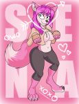  anthro canid canine clothed clothing english_text female fox green_eyes hair hi_res mammal pink_body pink_hair simple_background solo solo_focus standing text tinydevilhorns 