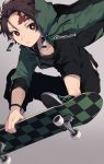  1boy artist_name bent_over black_footwear black_pants black_shirt bracelet brown_hair checkered checkered_footwear collarbone contemporary earrings facial_scar forehead_scar grabbing green_footwear green_hoodie grey_background highres hood hoodie jewelry jumping kamado_tanjirou kimetsu_no_yaiba looking_at_viewer makura_(makura0128) male_focus pants parted_lips red_eyes scar shirt shoes simple_background skateboard skateboarding sneakers solo twitter_username 