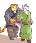  2005 anthro biped bottomwear canid canine clothing duo felid gombee humanoid_hands kemono low_res male mammal pantherine pants robe simple_background tiger 