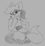  anthro butt clothed clothing female fluffy fluffy_tail fur gloves handwear hijackerdraws_(artist) monochrome partially_clothed simple_background smile solo 