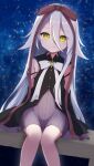  1girl arms_at_sides backlighting bare_shoulders black_dress blush bow closed_mouth commentary_request cross detached_sleeves double-parted_bangs dress dress_bow dutch_angle eyes_visible_through_hair feet_out_of_frame grey_hair hair_between_eyes hair_bow hair_ribbon happy highres hoshizora_no_memoria knees_together_feet_apart long_bangs long_hair long_ribbon long_sleeves looking_at_viewer mare_s._ephemeral night night_sky outdoors p-man_mk-2 red_bow red_ribbon ribbon short_dress sitting sky sleeveless sleeveless_dress slit_pupils smile solo split_mouth star_(sky) starry_sky tsurime very_long_hair white_bow white_ribbon wide_sleeves yellow_eyes 