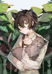  1boy absurdres animal animal_ears brown_hair cat cat_ears closed_mouth commentary_request green_eyes hair_between_eyes highres holding holding_animal holding_cat kusariuta leaf long_sleeves looking_at_viewer male_focus original shirt solo upper_body white_shirt 