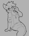  anthro claws clothed clothing domestic_pig female hair hijackerdraws_(artist) mammal monochrome open_mouth open_smile simple_background sitting smile solo suid suina sus_(pig) 