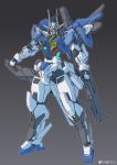  absurdres blue_eyes clenched_hands gn_drive grey_background gundam gundam_00_sky gundam_build_divers highres holding holding_sword holding_weapon looking_at_viewer mecha no_humans redesign sheath solo standing sword unsheathing v-fin weapon ztb0000 