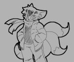  anthro canid canine clothed clothing fluffy fluffy_tail fur hijackerdraws_(artist) low_res male mammal monochrome multi_tail simple_background smile solo 